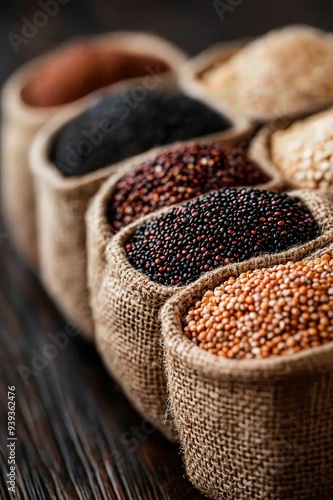 A close-up view of various colorful seeds in burlap sacks, showcasing their diverse textures and natural beauty on a wooden surface.