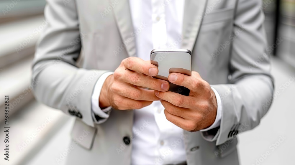 Businessman in grey suit using a smartphone, capturing the essence of modern communication and connectivity in a professional setting. Businessman in grey suit using a smartphone, capturing the essence of modern communication and connectivity in a professional setting.