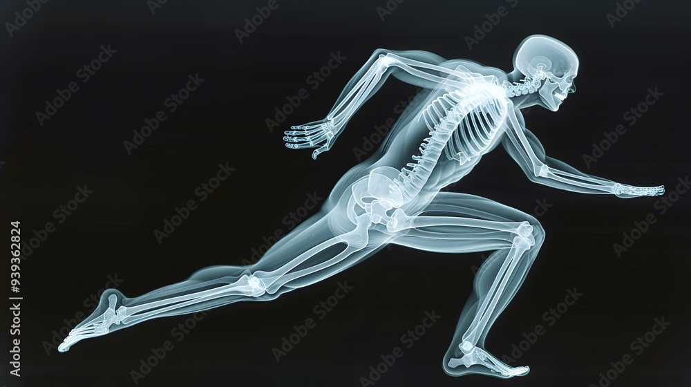 X-Ray of a Sprinter Running: An x-ray image of a sprinter in mid-stride, showing the dynamic movement of the legs and arms.
