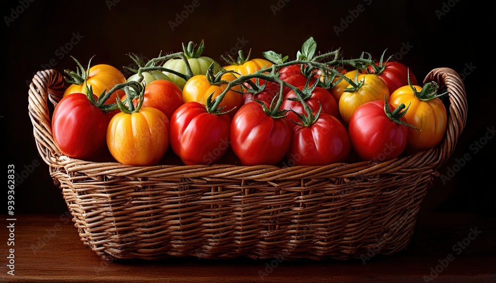 A vibrant basket filled with ripe red and yellow tomatoes, showcasing their fresh colors and natural beauty. A vibrant basket filled with ripe red and yellow tomatoes, showcasing their fresh colors and natural beauty.