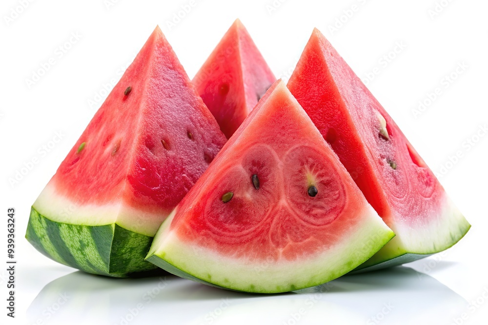 Vibrant green rind and refreshing pink flesh of a ripe juicy watermelon slice, cut into triangles, isolated on a clean white background for summer refreshment. Vibrant green rind and refreshing pink flesh of a ripe juicy watermelon slice, cut into triangles, isolated on a clean white background for summer refreshment.