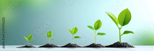 Obraz na płótnie Growth concept with five stages of plant development from seedling to full plant, symbolizing progress and evolution on a green background. w salonie