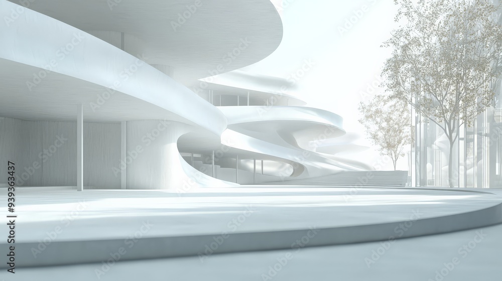 Modern minimalist architectural design with smooth, curved lines and a serene, white color palette. Outdoor setting with trees and pathways. Modern minimalist architectural design with smooth, curved lines and a serene, white color palette. Outdoor setting with trees and pathways.