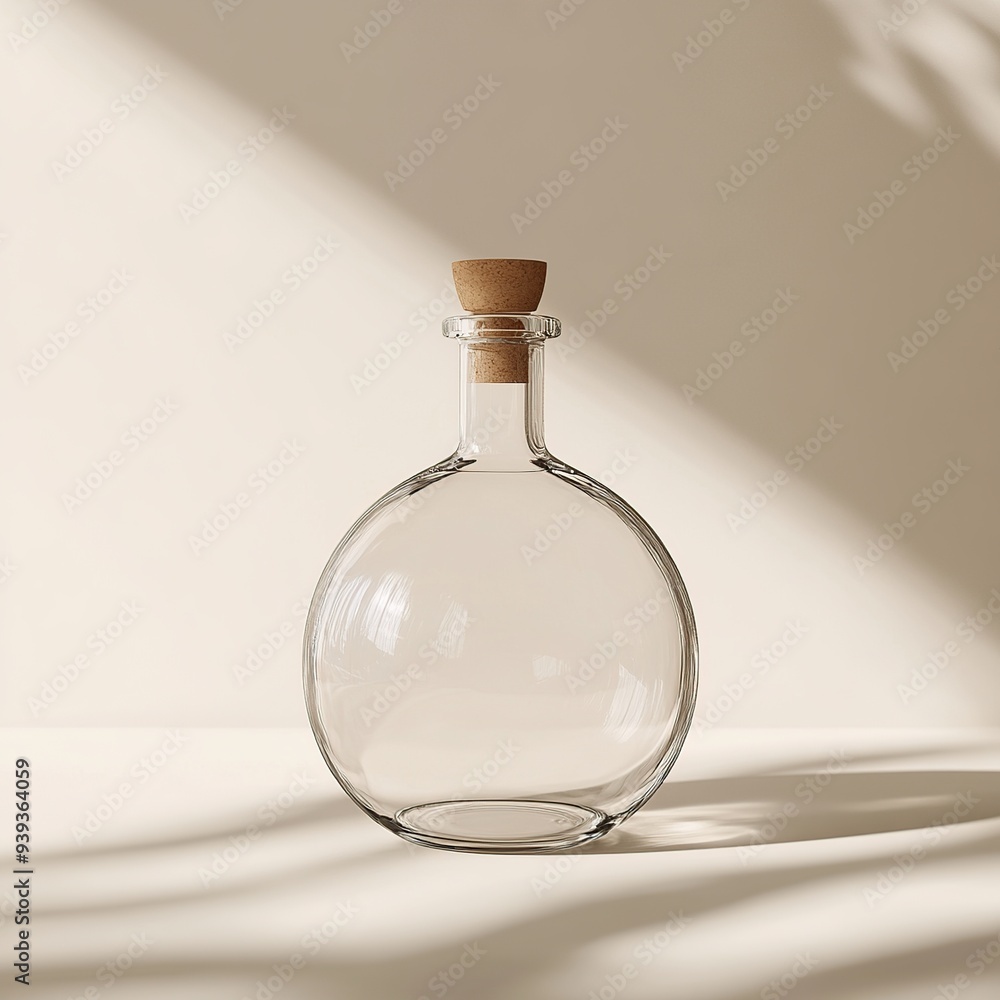 Clear glass bottle with cork stopper on a beige background. Clear glass bottle with cork stopper on a beige background.