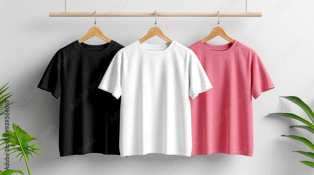 Black, white, and pink t-shirts on wooden hangers displayed against a minimalist background with green plants. Black, white, and pink t-shirts on wooden hangers displayed against a minimalist background with green plants.