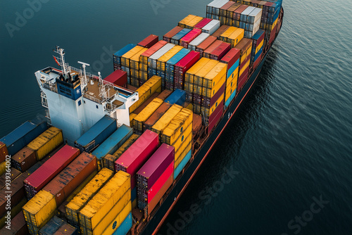 Massive container cargo ship on the ocean, Aerial view of cargo ship at the port. © Chin