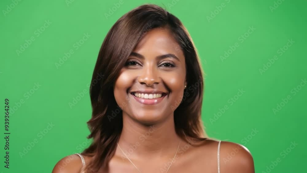 Beautiful Positive woman with big smile on green screen. Young brunette smiling in confident expression over isolated background. Green screen chroma key Happy Beautiful Positive woman with big smile on green screen. Young brunette smiling in confident expression over isolated background. Green screen chroma key Happy