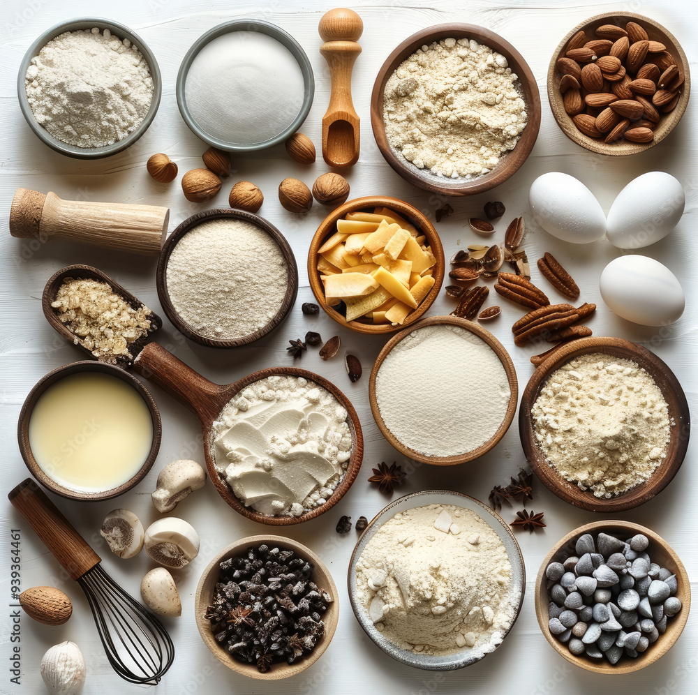 Cake ingredients laid out on a kitchen counter, isolated on white, representing the planning and organization involved in baking. top view. Generative AI. Cake ingredients laid out on a kitchen counter, isolated on white, representing the planning and organization involved in baking. top view. Generative AI.