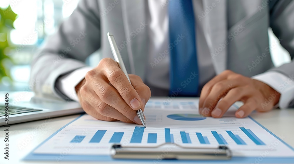 Businessman analyzing financial charts and writing on a document with a pen in office setting, focus on hands and graphs. Businessman analyzing financial charts and writing on a document with a pen in office setting, focus on hands and graphs.