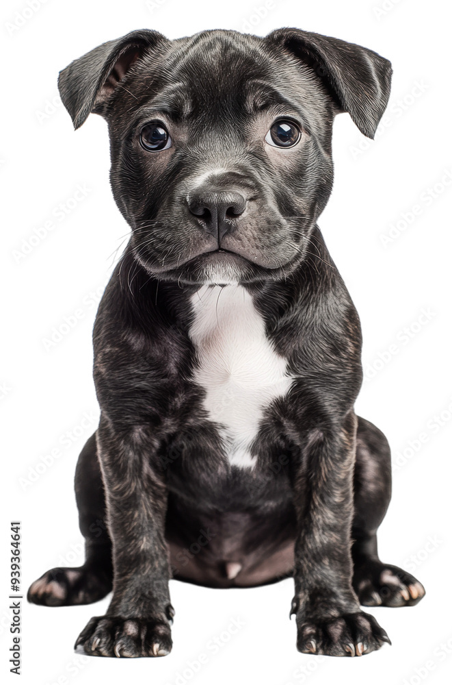 PNG Playful black puppy sitting on a white background PNG Playful black puppy sitting on a white background