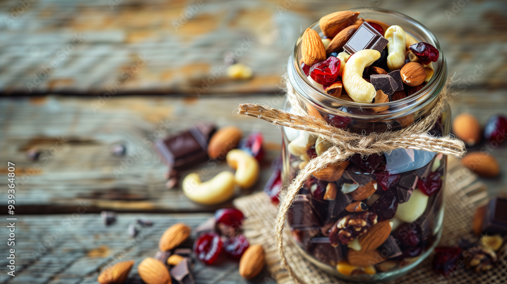 Fototapeta premium a fruit and nut trail mix, including almonds, cashews, dried cranberries, and dark chocolate chunks, displayed in a mason jar with a burlap ribbon, on a rustic wooden table