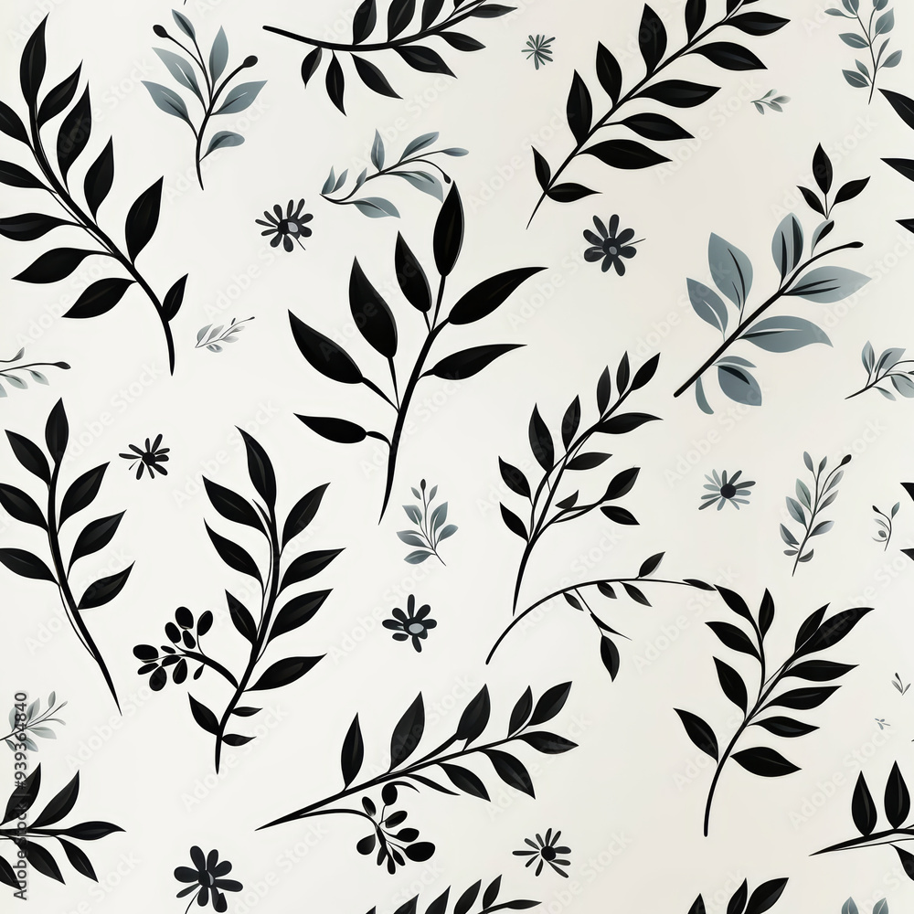A seamless pattern of black and blue floral branches on a white background. A seamless pattern of black and blue floral branches on a white background.