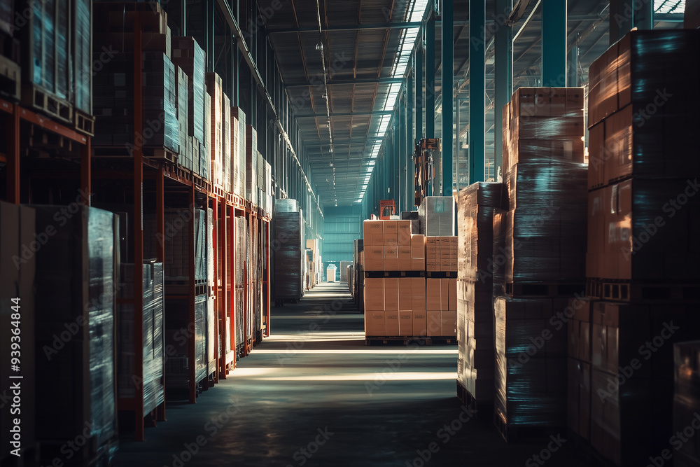 Fototapeta premium Product in warehouse, Industrial storage room concept, Goods in carton box on shelf in warehouse.