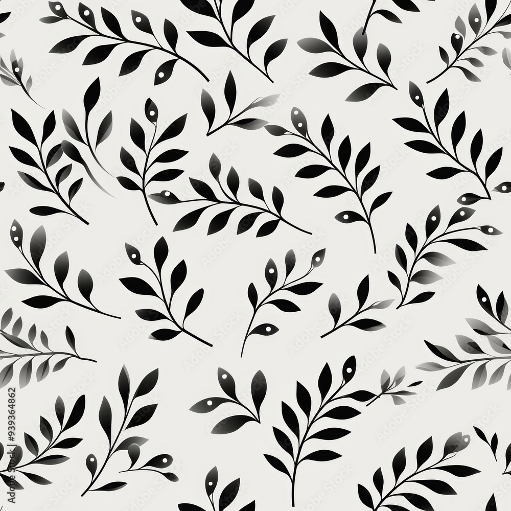 A seamless pattern of black branches with small leaves and berries on a white background. A seamless pattern of black branches with small leaves and berries on a white background.