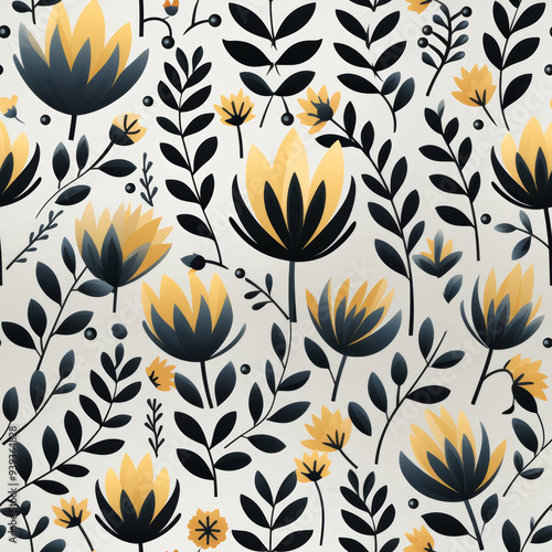 A seamless pattern featuring yellow and blue stylized flowers and leaves on a light gray background.