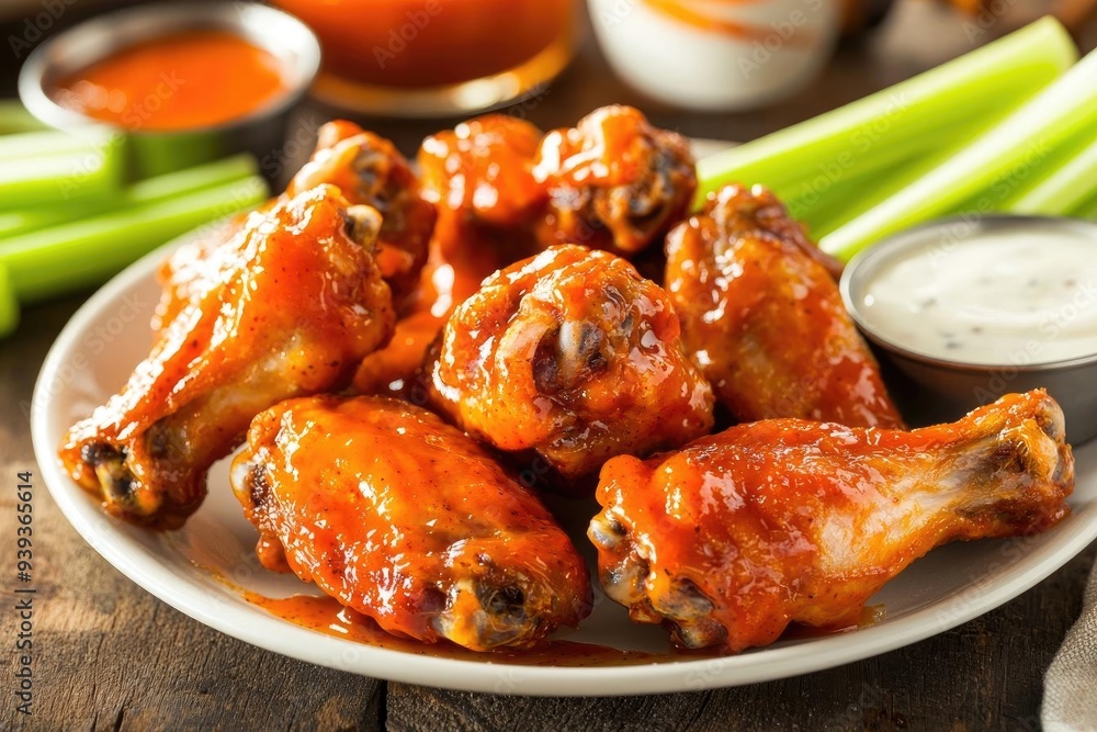 Delicious buffalo chicken wings served with celery and sauce on a rustic wooden table, perfect for gatherings and parties.