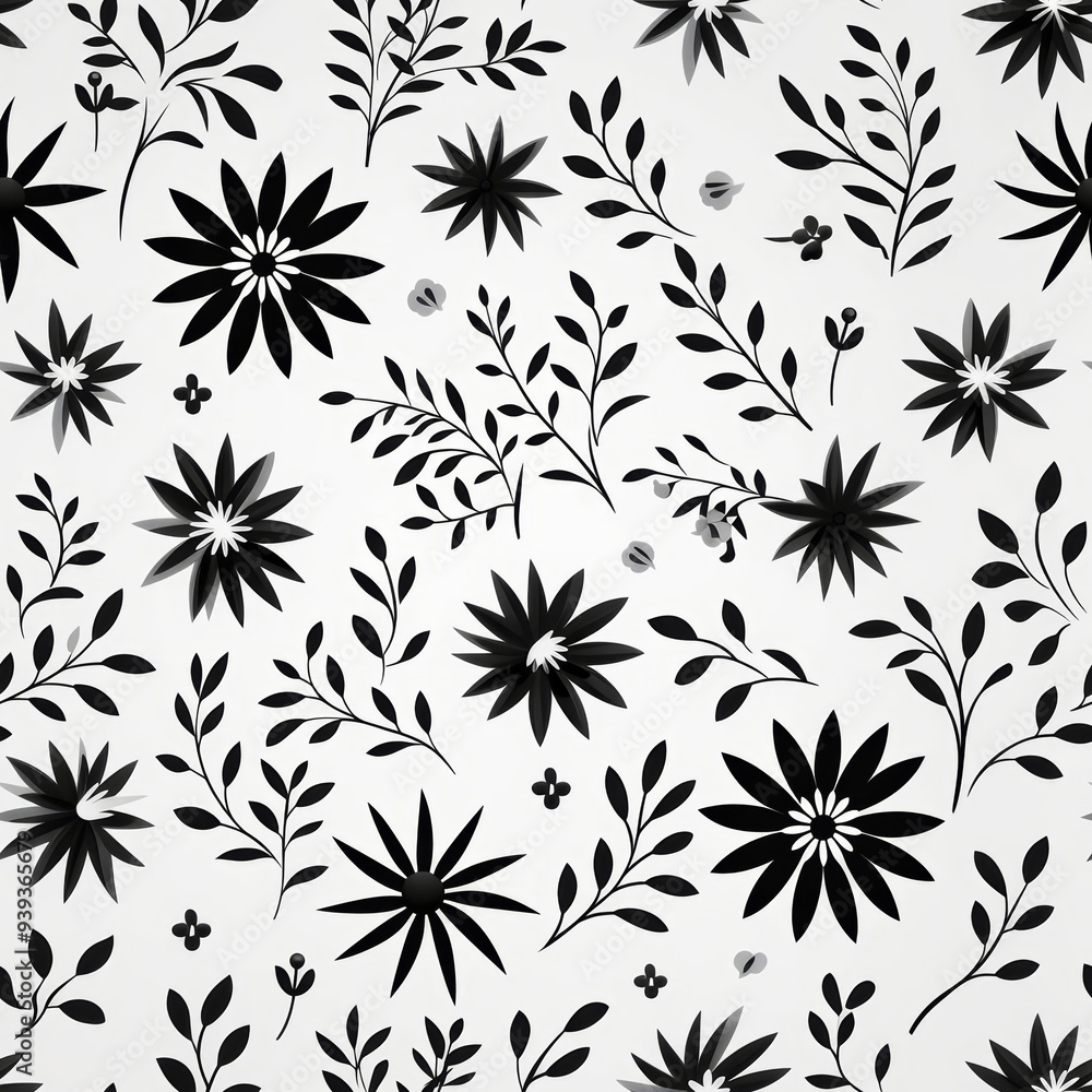 Fototapeta premium Seamless pattern of black flowers and branches on a white background.