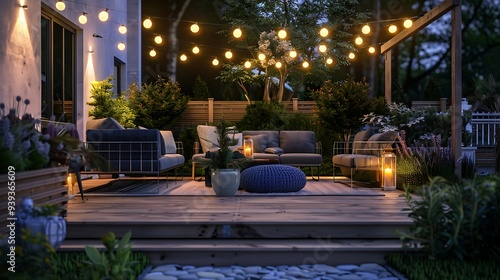 Outdoor patio with armchairs, tables and plants in the evening