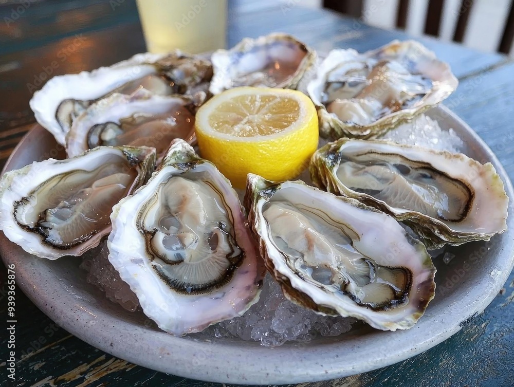Fresh oysters served on ice with a lemon slice, perfect for seafood lovers and culinary enthusiasts. Fresh oysters served on ice with a lemon slice, perfect for seafood lovers and culinary enthusiasts.