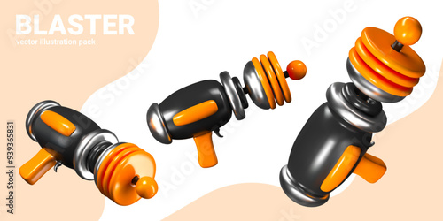 Set of blasters in different positions. Game weapon closeup. 3D laser pistol