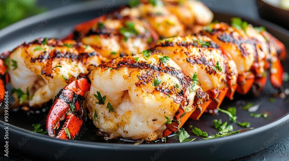Delicious grilled lobster tail served on a black plate, garnished with fresh herbs for an appetizing seafood dish. Delicious grilled lobster tail served on a black plate, garnished with fresh herbs for an appetizing seafood dish.