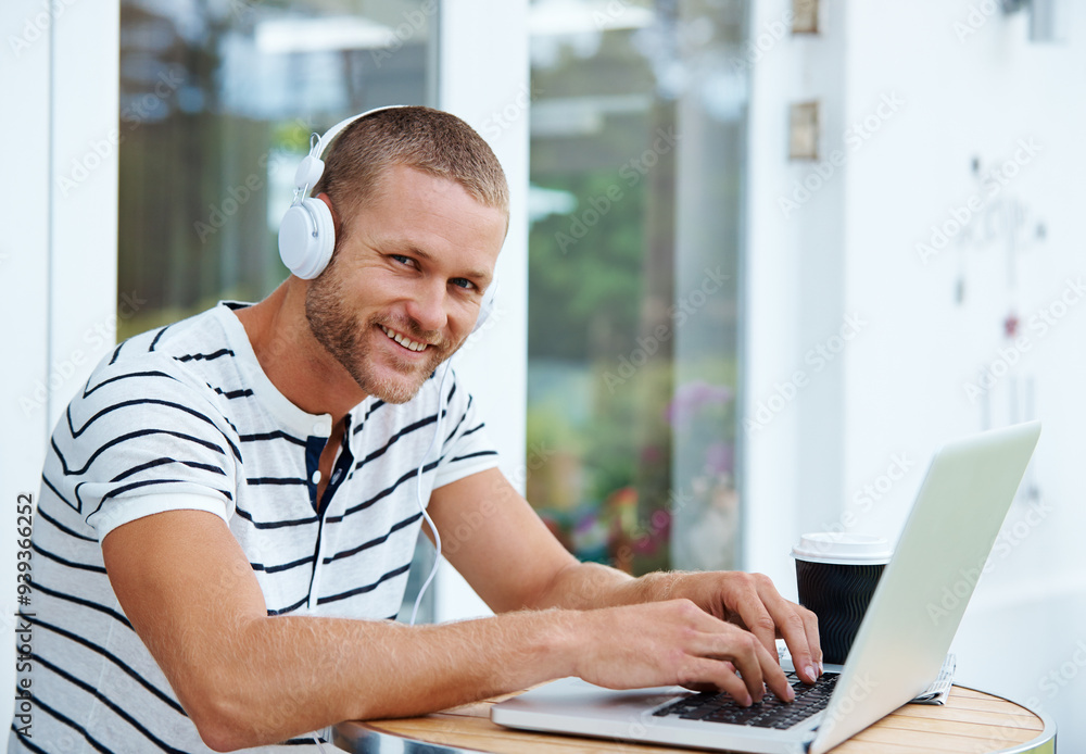 Portrait, man and typing outdoor on laptop in backyard for remote work, drafting media pitch and press release. Male publicist, headphones and online for managing social accounts or planning campaign Portrait, man and typing outdoor on laptop in backyard for remote work, drafting media pitch and press release. Male publicist, headphones and online for managing social accounts or planning campaign