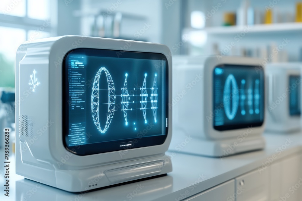Futuristic dna sequencing machines in a high-tech biotech laboratory environment Futuristic dna sequencing machines in a high-tech biotech laboratory environment