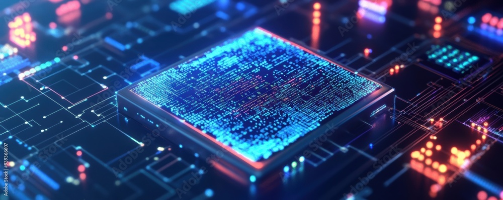 Machine learning algorithm visualizing data with abstract code and ...