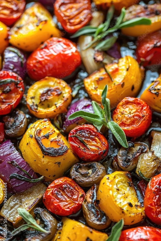 Fototapeta premium Colorful roasted vegetables arranged beautifully, showcasing vibrant tomatoes, yellow peppers, and fresh herbs for a delicious meal.