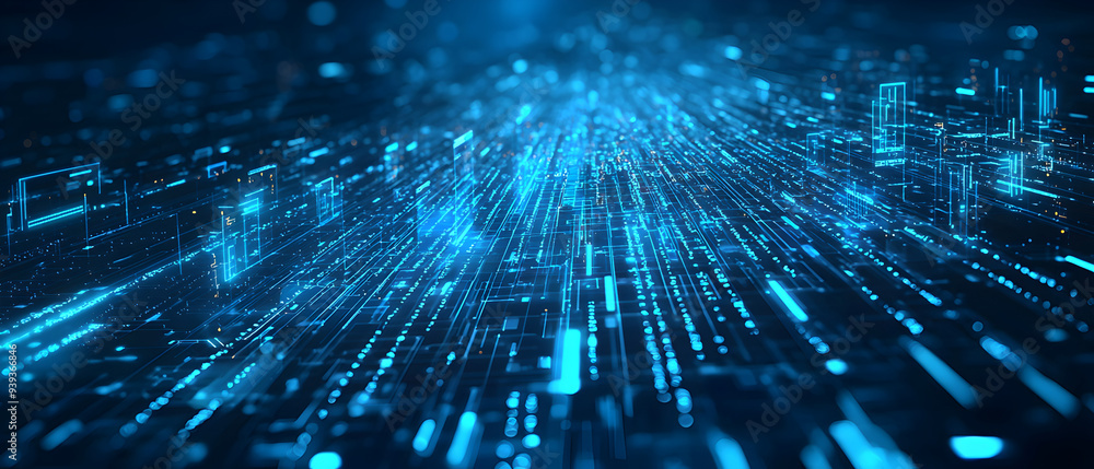 A flat vector illustration of a coding concept, deep blue theme, technology background, code snippets flowing across, binary codes integrated into the design, subtle glow effects, dark blue tones A flat vector illustration of a coding concept, deep blue theme, technology background, code snippets flowing across, binary codes integrated into the design, subtle glow effects, dark blue tones