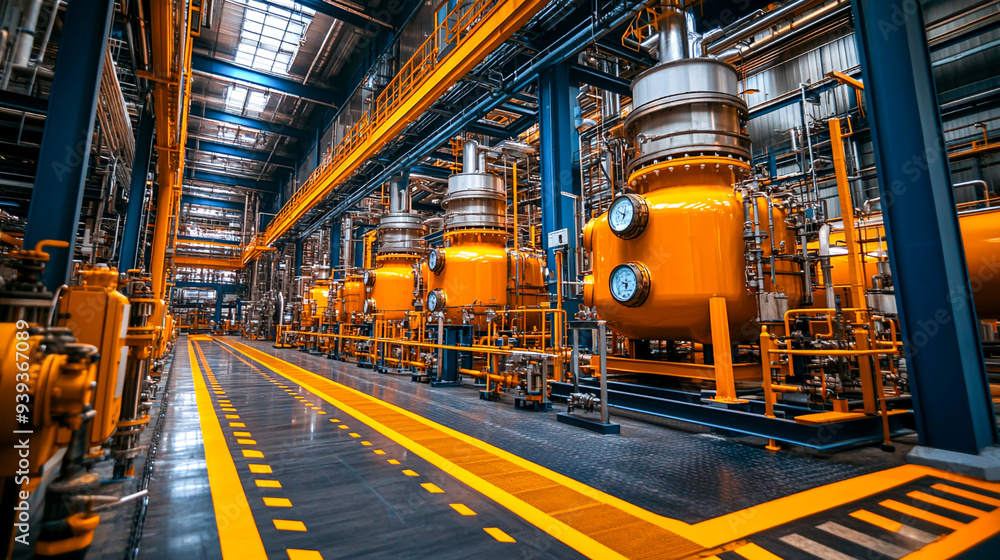 Obraz premium Futuristic Chemical Plant with Reactors and Pipelines Processing Industrial Chemicals