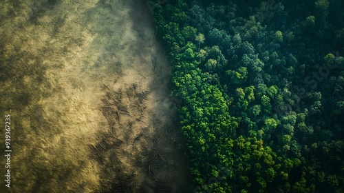 A stark contrast between two landscapes one with a lush green forest with dense tree coverage and the other with a barren land with no vegetation