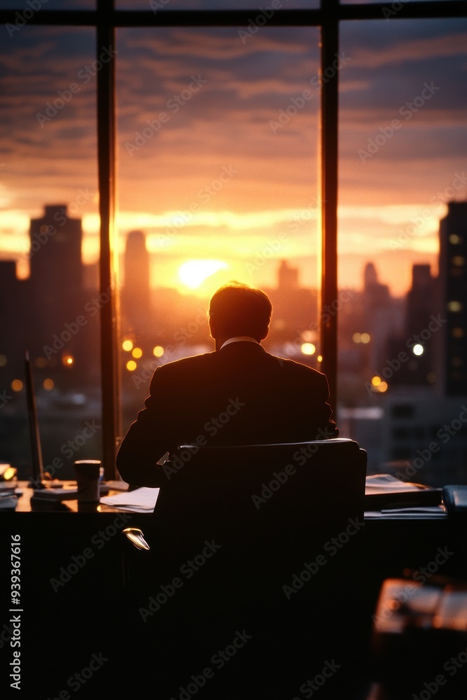 A silhouette of a businessman gazes out of an office window at a breathtaking sunset, symbolizing reflection and the endless possibilities that await with each day's end. A silhouette of a businessman gazes out of an office window at a breathtaking sunset, symbolizing reflection and the endless possibilities that await with each day's end.