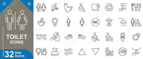 Toilet line icons set. Male, female, accessible, baby changing, handwashing, paper, urinal, sanitizer and more. modern vector illustrator.