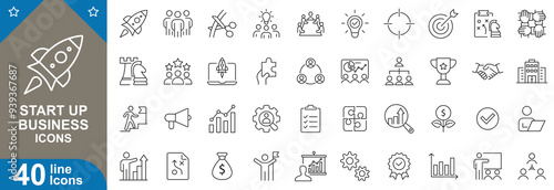 Startup business icons set. Idea, launch, growth, investment, pitch, teamwork, innovation, networking, business plan and more. vector illustration.
