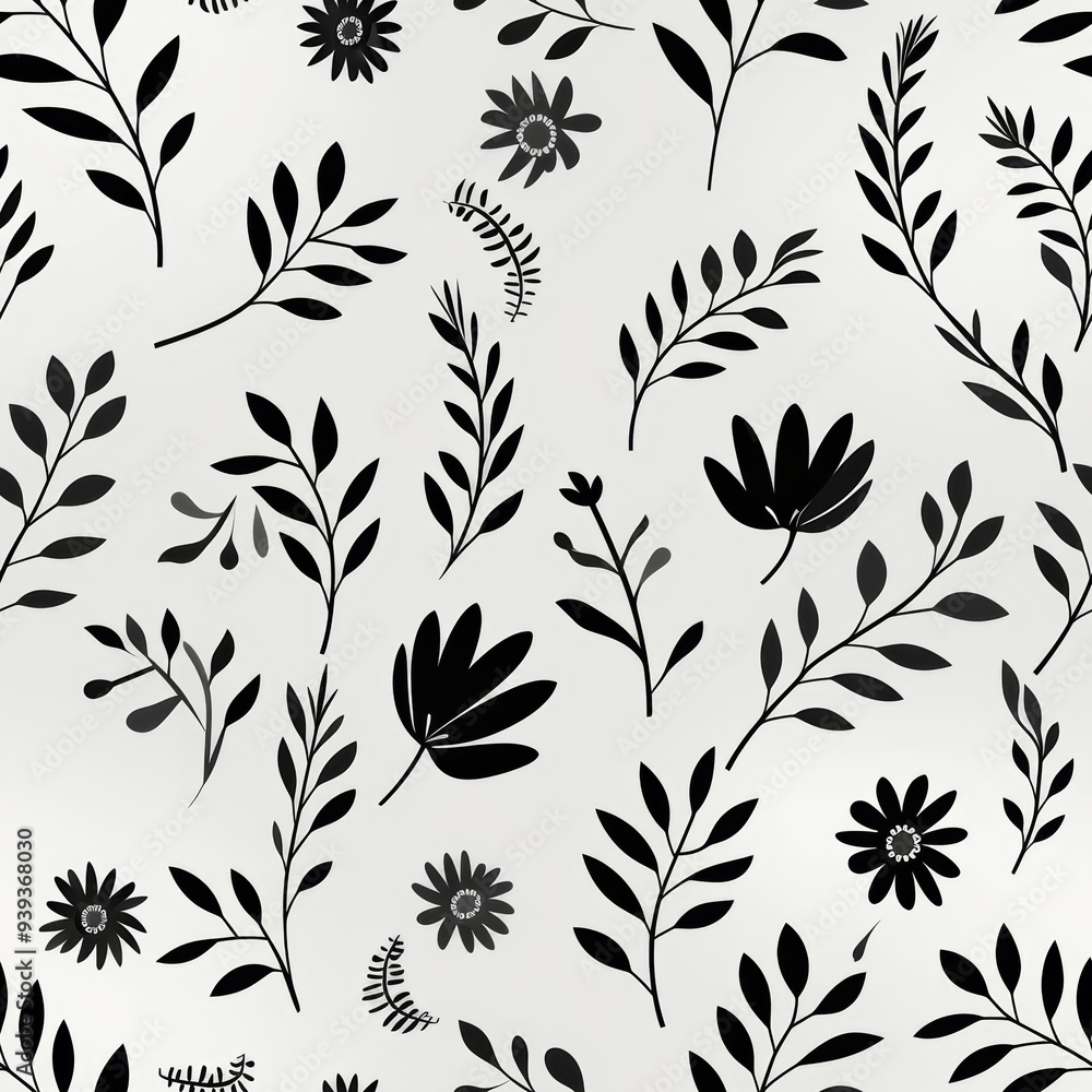 Fototapeta premium Seamless pattern with black floral elements on a white background.
