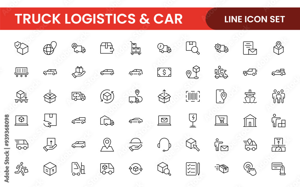 Truck Logistics and Car related modern icon set. Transportation editable line icon illustration collection Truck Logistics and Car related modern icon set. Transportation editable line icon illustration collection