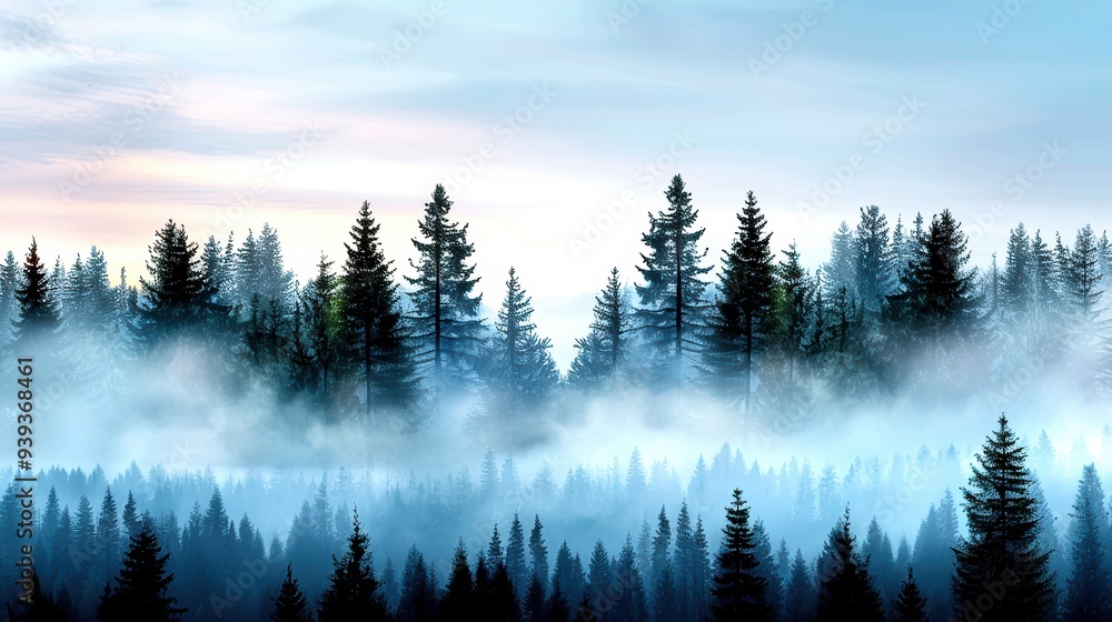 Obraz premium Serene forest with misty fog enveloping tall pine trees, creating a peaceful and tranquil atmosphere during sunrise.