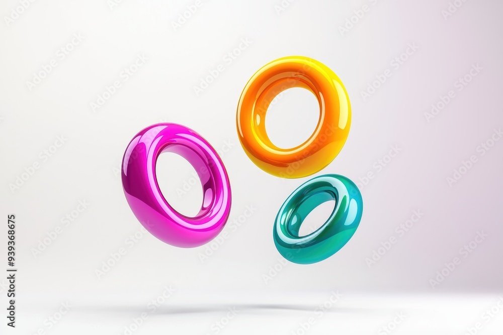Glossy multicolor rings floating against a white background. This playful design features shiny pink, yellow, and teal rings in a minimalistic and futuristic composition. Glossy multicolor rings floating against a white background. This playful design features shiny pink, yellow, and teal rings in a minimalistic and futuristic composition.