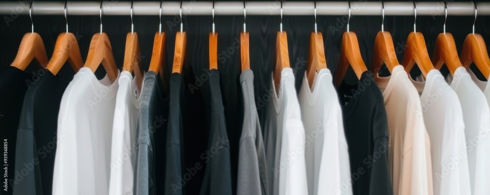 Neatly arranged monochrome shirts on wooden hangers in a minimalist wardrobe with a modern design. Neatly arranged monochrome shirts on wooden hangers in a minimalist wardrobe with a modern design.