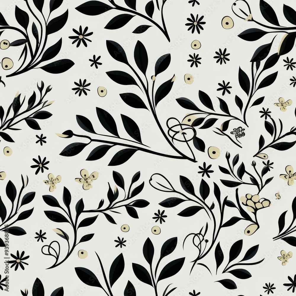 Seamless pattern with black leaves and yellow flowers on a white background. Seamless pattern with black leaves and yellow flowers on a white background.