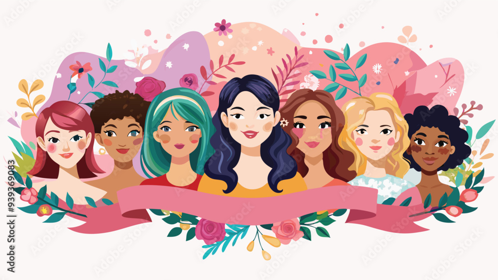 Fototapeta premium Happy Women's day celebration banner, women group for International Women’s day, 8 march, multiple women faces graphic illustration, horizontal copy space on pastel pink watercolor style background. 