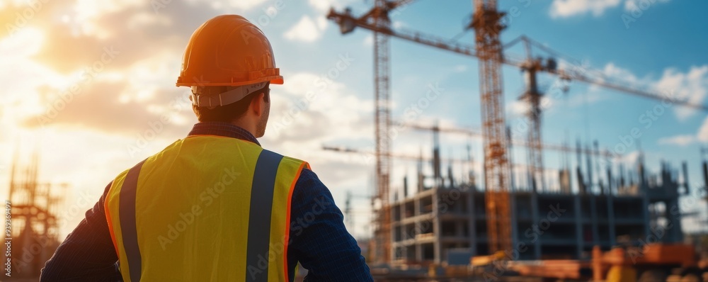 A construction worker stands in safety gear, gazing at a busy construction site at sunset, symbolizing dedication, progress, and the importance of safety in the construction industry. A construction worker stands in safety gear, gazing at a busy construction site at sunset, symbolizing dedication, progress, and the importance of safety in the construction industry.
