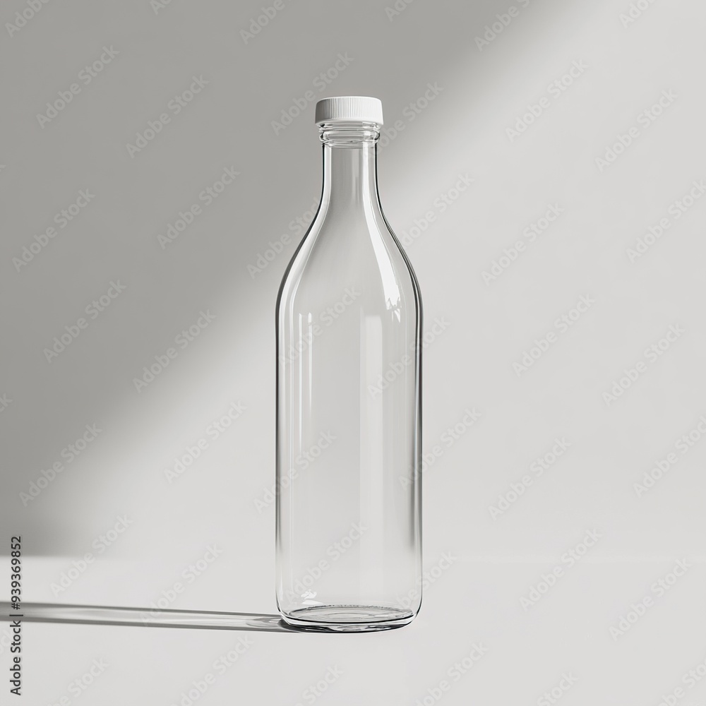 Fototapeta premium Clear glass bottle with a white lid on a white background.