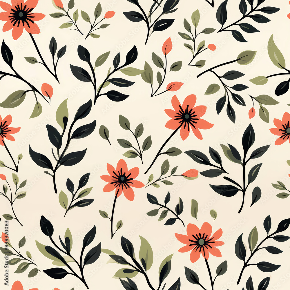 Seamless pattern with orange flowers and green leaves on a beige background. Seamless pattern with orange flowers and green leaves on a beige background.