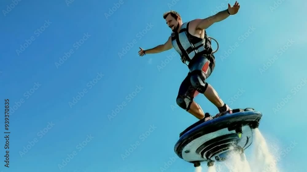 Athletic Man Hovering Above Water on a Flyboard and Making a Splash Athletic Man Hovering Above Water on a Flyboard and Making a Splash