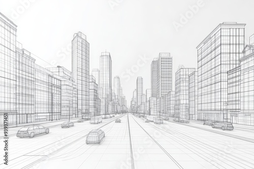 A wireframe city in black and white, monochrome minimalism, stark contrast
