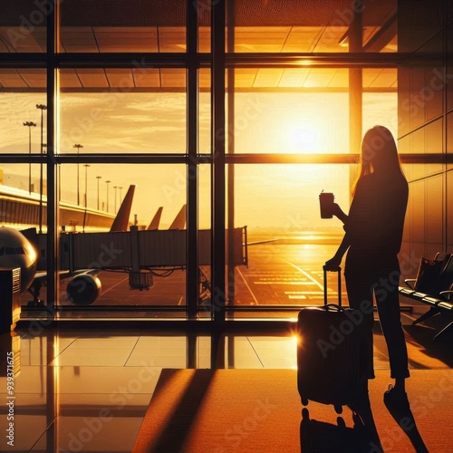 A silhouette of a person standing in an airport terminal, holding a travel mug and looking out the windows at the planes on the tarmac during a golden sunset, warm lighting casting long shadows, solit photo