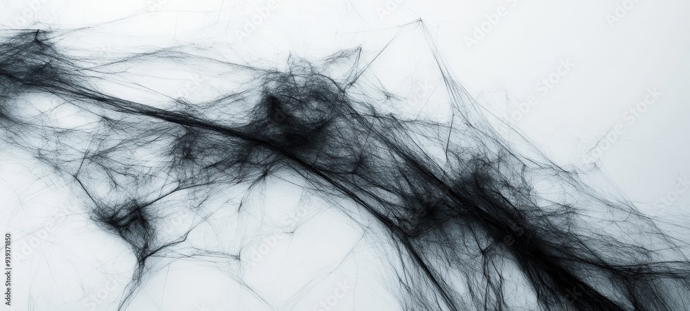 A bundle of artificial black spider webs spread out on a white backdrop for a creepy effect A bundle of artificial black spider webs spread out on a white backdrop for a creepy effect