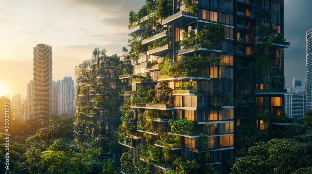 Obraz premium Modern urban green buildings covered in plants at sunset, showcasing sustainable architecture in a city skyline with skyscrapers.